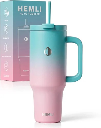 Miniatura 11 de Vaso de 40 onzas con asa y popote, vaso de acero inoxidable aislado con tapa 2 en 1 a prueba de fugas, reutilizable y portátil, taza de viaje