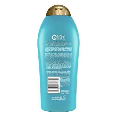 Miniatura 7 de OGX Champú extra fuerte hidratante y reparación + aceite de argán de Marruecos para cabello seco y dañado, aceite de argán prensado en frío