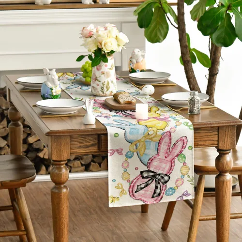 Miniatura 3 de Artoid Mode Camino de mesa de Pascua con lazo floral, conejo, conejo, huevos, Pascua, decoración de mesa de comedor de primavera para decoración