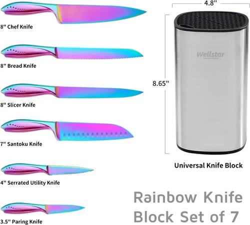 Miniatura 2 de WELLSTAR Rainbow - Juego de 7 cuchillos de cocina de acero inoxidable de alto carbono iridiscentes alemanes con bloque universal de cuchillos, Juego