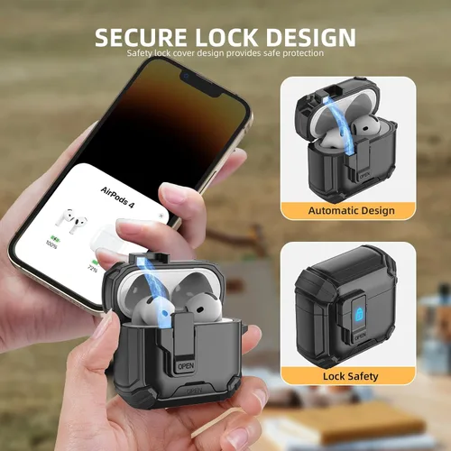 Miniatura 2 de Meliya Funda para AirPods 4, viene con soporte para teléfono y función MagSafe, funda rígida de protección completa automática emergente con bloqueo