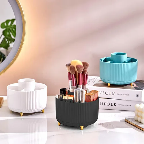 Miniatura 3 de DASITON Soporte para brochas de maquillaje de gran capacidad, organizador de maquillaje giratorio de 360°, 5 ranuras para brochas de maquillaje