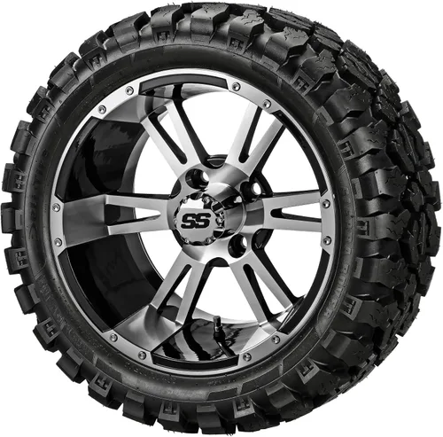 RM Cart 14" Raptor Negro/Mecanizado en neumáticos radiales Sierra Rover 23x10R14 (Juego de 4) | Juego de ruedas y neumáticos para carrito de golf