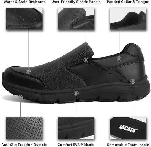 Miniatura 3 de Jacata Zapatos de trabajo negros antideslizantes para hombre, servicio de alimentos, zapatos de cuero resistentes al agua y antideslizantes sin