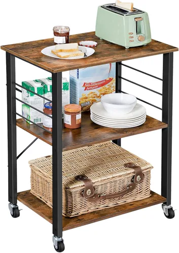 VASAGLE Estante de cocina con ruedas, carrito de servicio de 23.6 pulgadas con 3 estantes, carrito de cocina, estante de microondas, para mini