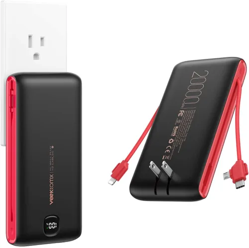 VEEKTOMX Cargador portátil con cables integrados de 20000 mAh, banco de energía para iPhone con enchufe de pared de CA, batería delgada USB C de