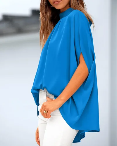 Miniatura 84 de BTFBM Blusas de verano para mujer, cuello alto falso, manga murciélago, holgadas, dobladillo alto y bajo, blusas informales de gran
