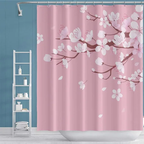 Miniatura 2 de Cortina de ducha japonesa con flores de cerezo blanco, pétalos que caen, decoración de fondo rosa, tela impermeable, cortina de baño floral