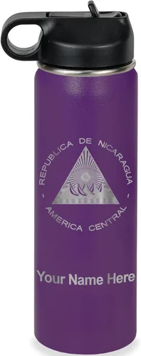 Miniatura 41 de LaserGram Botella de agua personalizada, bandera de Nicaragua, acero inoxidable de doble pared aislada al vacío con popote superior, regalo grabado