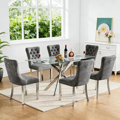 Miniatura 47 de Juego de 4 mesas de comedor de cristal para 4, juego de 4 mesas y sillas de cocina modernas, juego de mesa de comedor de cocina de 5 piezas con mesa