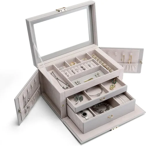 Miniatura 2 de Vlando Organizador de joyero, vitrina grande de cuero para joyas, caja de almacenamiento de 2 cajones, color gris