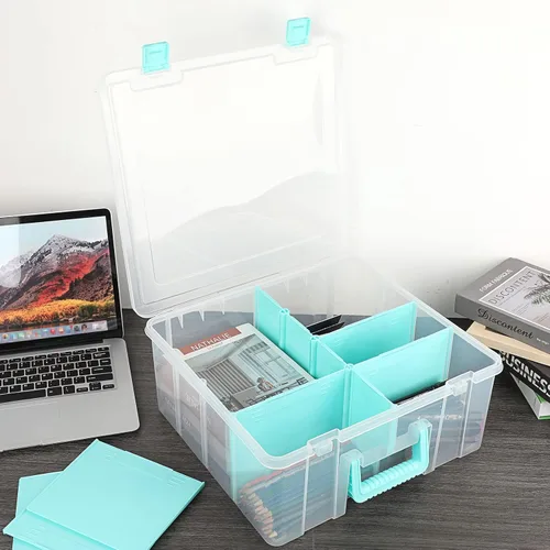 Miniatura 2 de BTSKY Caja de almacenamiento divisoria de plástico transparente con 4 compartimentos, contenedor de almacenamiento ajustable con tapa, contenedor