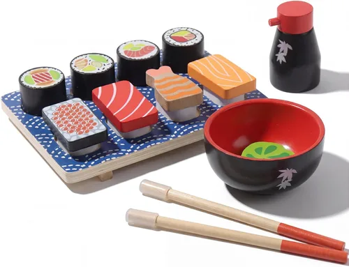 Juego de comida para cortar sushi, juguetes de cocina de madera para niños de 3 años en adelante, juguete de aprendizaje de sushi para niñas y niños