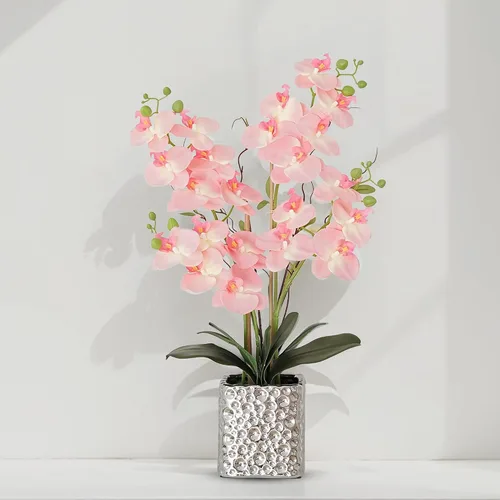 Miniatura 2 de Flores artificiales de orquídea con jarrón plateado, flores de falaenopsis de seda sintética grande para mesa de comedor, centros de mesa florales