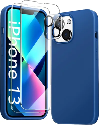 Funda 5 en 1 para iPhone 13 de 6.1 pulgadas, con 2 protectores de pantalla + 2 protectores de lente de cámara, funda protectora delgada de silicona
