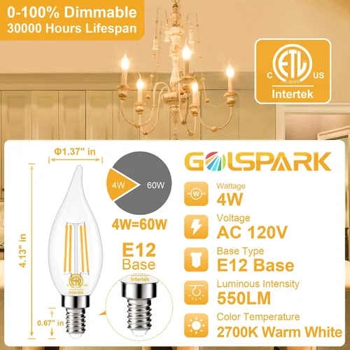 Miniatura 4 de GOLSPARK E12 LED Bulb Dimmable 60 Watt Equivalent 10 Pack, 2700K Warm White Type B E12 Candelabra LED Light Bulbs, B11 Candle LED Chandelier Light