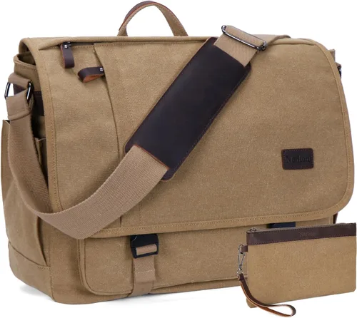 NerIion Bolsa de Mensajero para Hombres de 17-17.3 Pulgadas, Bolsa de Laptop de Lona Resistente al Agua, Bolsa de Hombro, Maletín de Trabajo, Marrón