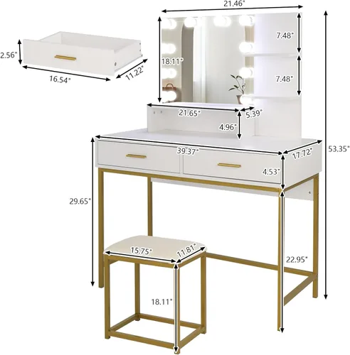 Miniatura 7 de Henf Escritorio negro con espejo y luces, mesa de tocador de maquillaje, 2 cajones y 3 estantes de almacenamiento, tocador de dormitorio