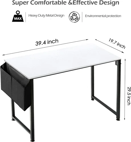 Miniatura 3 de Lufeiya Escritorio de computadora blanco para espacios pequeños, oficina en casa, 39 pulgadas, moderno escritorio de estudio para PC con gancho