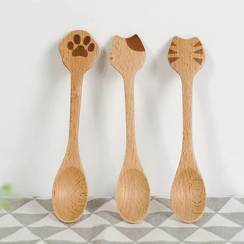 Miniatura 3 de iplusmile Juego de 2 cucharas de madera para gatos, utensilios de cocina ergonómicos de 5.51 pulgadas para ensalada de arroz y sopa, diseño de mango