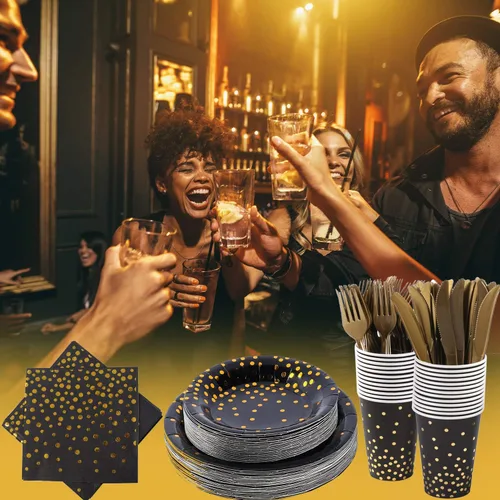 Miniatura 3 de Suministros de fiesta negros y dorados, 145 platos de papel, servilletas, cuchillos, tenedores, vasos, pancartas, para víspera de Año Nuevo 2026