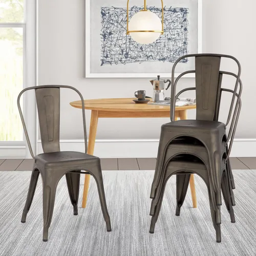 Miniatura 9 de Juego de 4 sillas de comedor de metal para interiores y exteriores, sillas apilables para patio, cocina, sillas de metal, sillas de restaurante