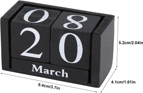 Miniatura 2 de Calendario de madera vintage, calendario perpetuo de escritorio, calendario de madera vintage, bloque de madera de escritorio, fecha de mes, Negro