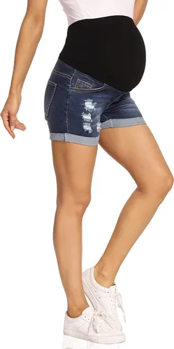 Miniatura 6 de Foucome Pantalones cortos de mezclilla de maternidad sobre el bulto rasgados desgastados dobladillo doblado azul pantalones cortos cómodos de verano