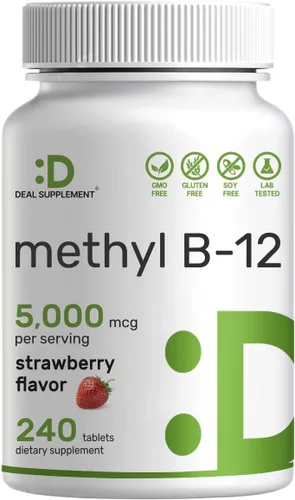 DEAL SUPPLEMENT Vitaminas Metil B-12 de 5000 mcg, 240 tabletas masticables | Forma activa – Sabor fresa – Apoyo energético y función de salud