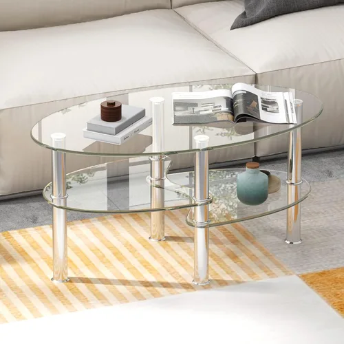 Miniatura 10 de COSTWAY Mesa auxiliar de cristal, mesa auxiliar de sofá de 3 niveles con patas de tubo de metal y estantes abiertos, moderna mesa auxiliar ovalada
