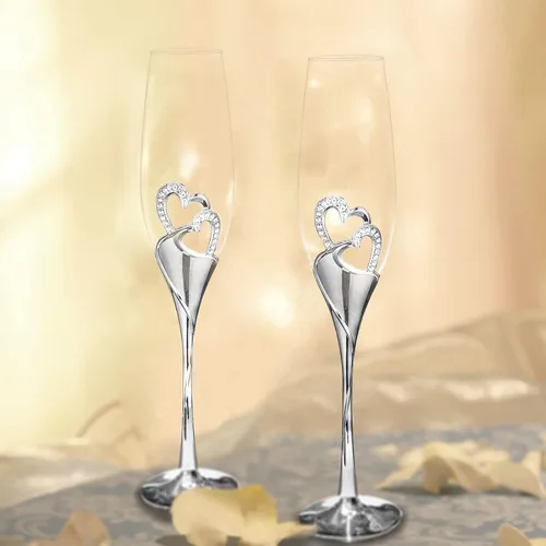 Miniatura 4 de Sziqiqi Juego de 2 copas de champán para boda, copas de flauta de tostado, con diamantes de imitación, decoración de corazones para bodas, Plata