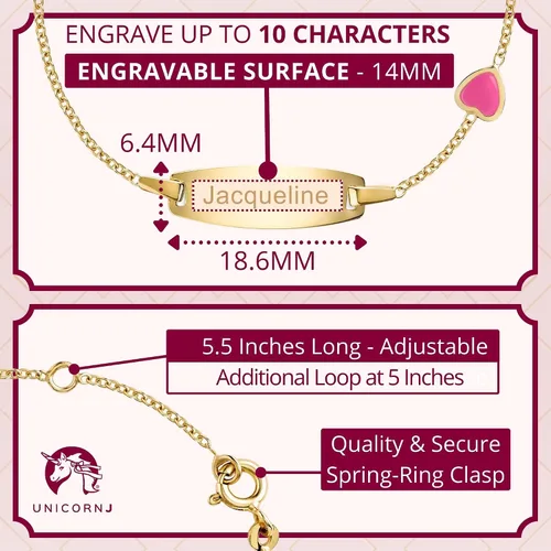 Miniatura 2 de UNICORNJ Pulsera de identificación de oro de 14 quilates grabable para niñas, niños y bebés, pulseras personalizadas con nombre de cadena Figaro