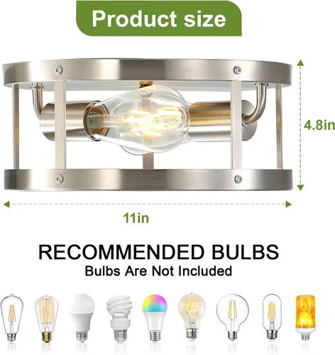 Miniatura 3 de Lámpara de techo industrial de 2 luces, montaje empotrado, níquel cepillado, lámpara de techo moderna para cocina, dormitorio, sala de estar