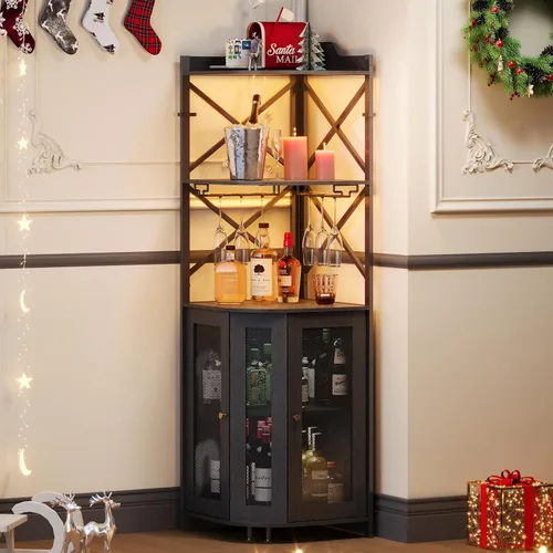 Miniatura 6 de JKsmart Gabinete de Bar de Esquina con Luces LED, Gabinete de Bar de Vino Industrial de 5 Niveles con Portavasos, Gabinetes de Licor Estilo Granja