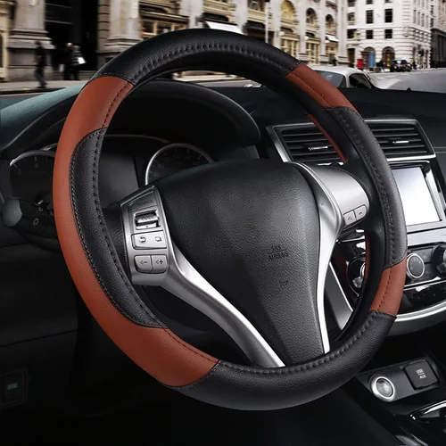 Miniatura 20 de Funda de cuero para volante de automóvil, protector antideslizante de cuero de microfibra transpirable, ajuste universal para la mayoría