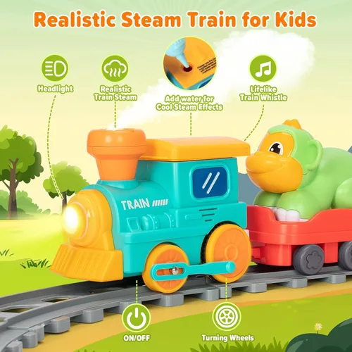 Miniatura 3 de Juego de tren eléctrico para niños pequeños, juguetes realistas de tren de vapor para niños con vías, juguetes de animales para niños pequeños de 1
