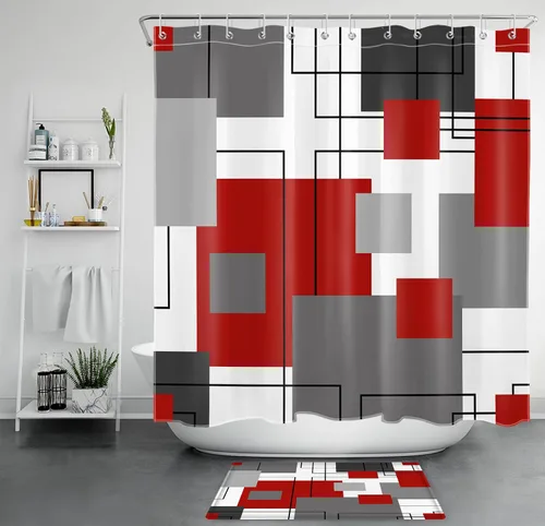Miniatura 29 de LB Cortina de ducha geométrica a rayas grises y blancas, cortinas de ducha abstractas de mediados de siglo verde salvia para baño, 72 x 72 pulgadas