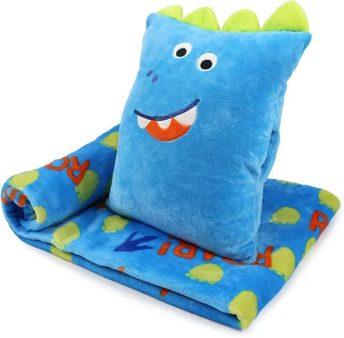 Juego de almohada y cobija de viaje 3 en 1 para niños - 102x152cm, almohada de felpa con calentador de manos, cobija con diseño de dinosaurio para