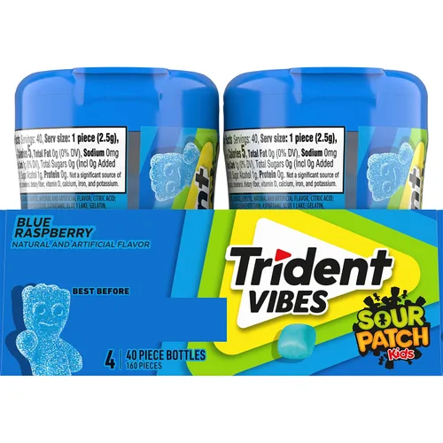 Miniatura 12 de Trident Vibes SOUR PATCH KIDS - Goma de mascar sin azúcar de frambuesa azul, 4 botellas de 40 piezas (160 piezas en total)