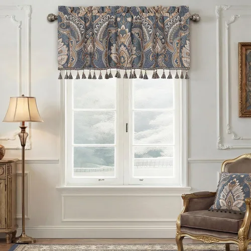Miniatura 19 de Loom and Mill Cenefas de jacquard de lujo para ventana de sala de estar, elegante cenefa de cortina de damasco beige con ribete de cuentas, cortina