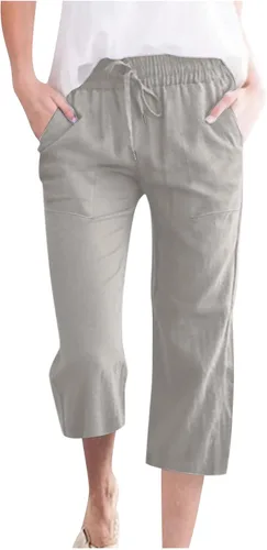 Miniatura 13 de Ceboyel Pantalones capri para mujer para verano, cintura elástica, pantalones de yoga, con cordón, pantalones de lino, pantalones de entrenamiento