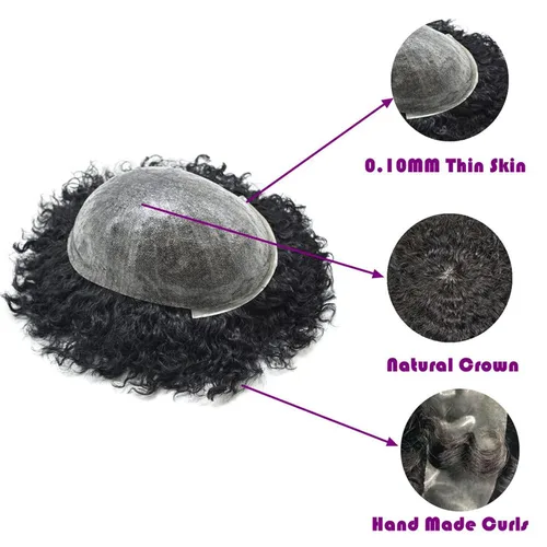 Miniatura 8 de Tupé rizado afro para hombres negros Full Poly African American Curl sistemas de cabello humano inyectado PU Coily Male Hairpieces Poly Hair