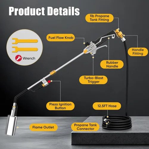 Miniatura 4 de Quemador de malezas de propano resistente de 340,000 BTU con 2 modos de extensión, gatillo piezoeléctrico (autoencendido) y manguera de 12.5 pies