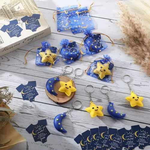 Miniatura 4 de Huquary 150 piezas de regalos de fiesta de baby shower, luna estrella, llaveros Twinkle Twinkle Little Star Baby Shower Favor, tarjetas