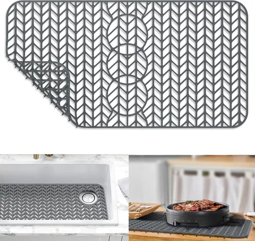 GUUKIN Protectores de Fregadero para Alfombrilla de Cocina - 29" x 15.35" Alfombrilla de Silicona para Fregadero de Cocina con Rejilla para el Fondo