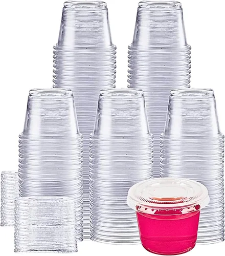 Green Direct Recipientes de plástico pequeños desechables de 1 onza con tapas, recipientes de condimentos para porciones para chupitos de gelatina,
