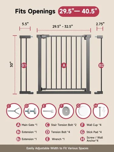 Miniatura 7 de Puerta de bebé de 29.5-40.5 pulgadas para escaleras, puerta para perros para puertas, puerta de seguridad de metal para bebés con cierre automático