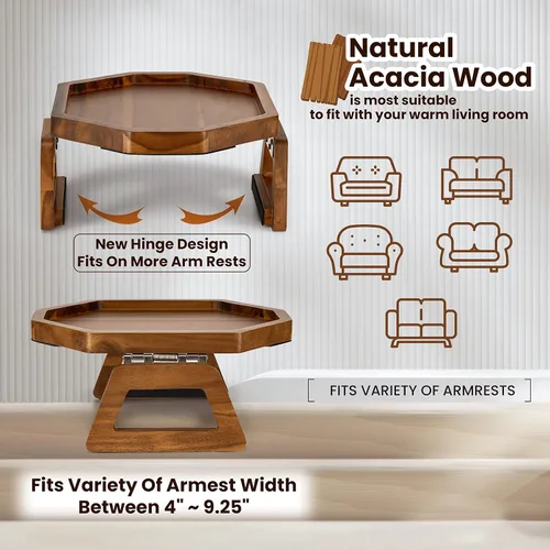 Miniatura 3 de Tinamo Bandeja para apoyabrazos de sofá octagonal de acacia, mesa de reposabrazos de sofá con brazos plegables - Caddy para sillón, bandeja con clip