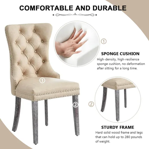 Miniatura 5 de Juego de 6 sillas de comedor de cuero, sillas de comedor tapizadas con ribete de cabeza de clavo y patas de madera maciza, silla auxiliar de comedor