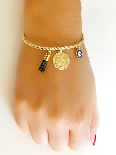 Miniatura 7 de LESLIE BOULES Pulsera de San Benito para mujer con dije de mal de ojo y piedra de azabache auténtica, Latón